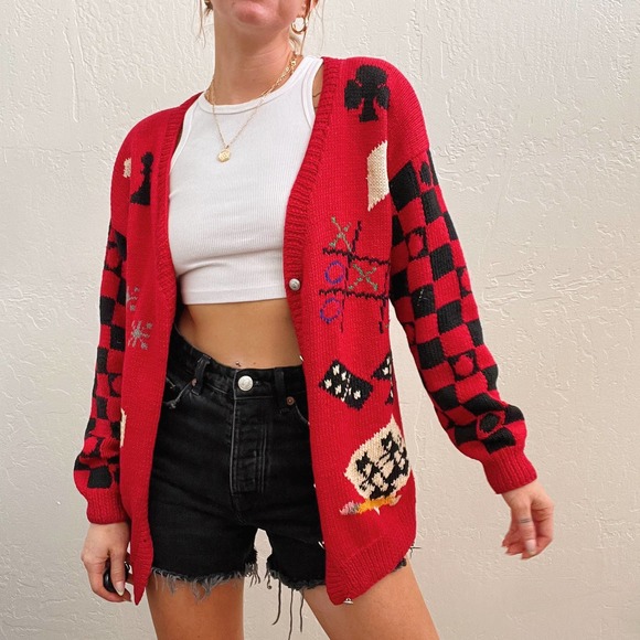 Vintage Queen of Heart Red Funky Game Night Cardigan Sweater - Picture 2 of 5